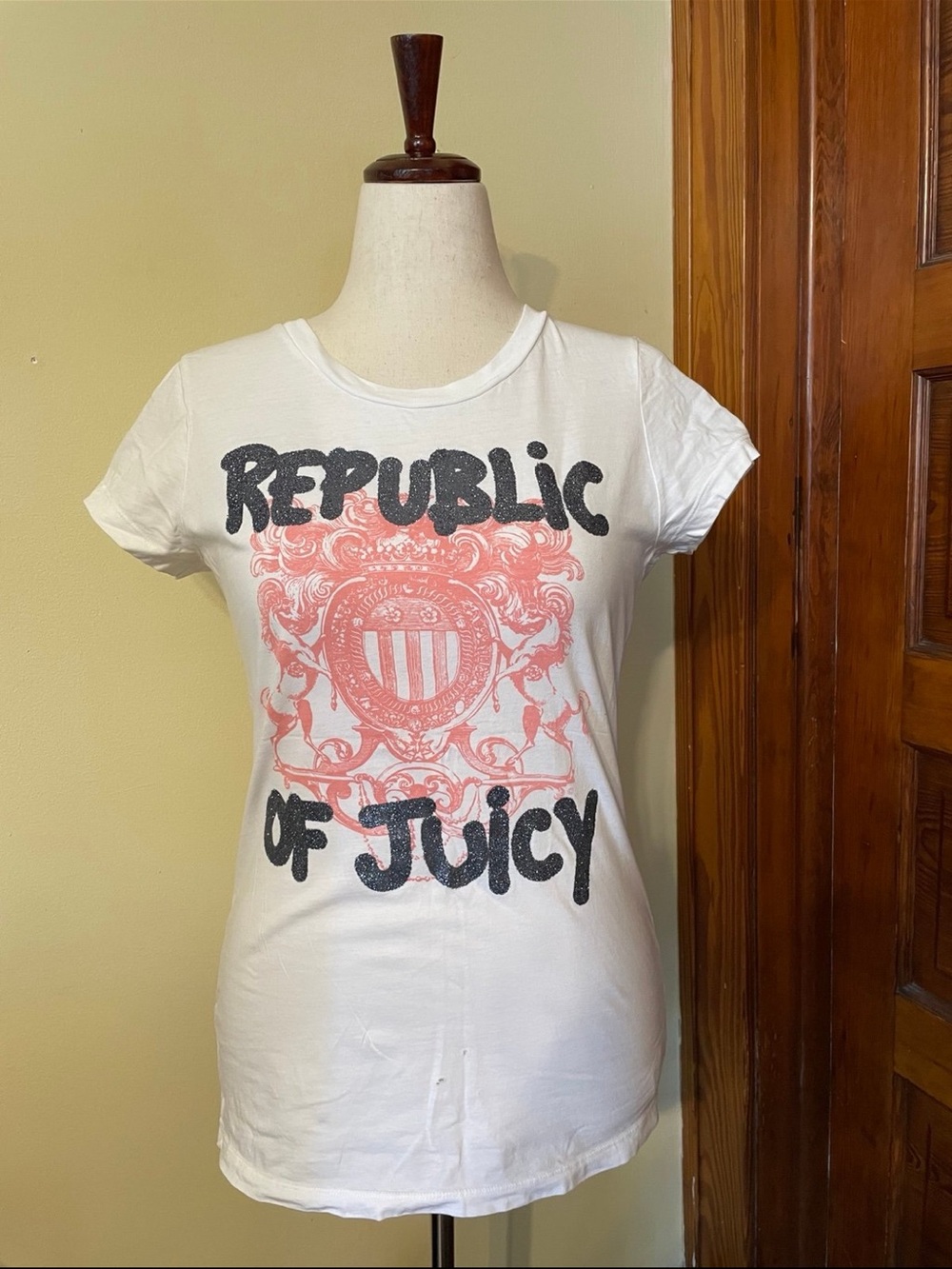 Juicy Couture White Tee with Pink Crest and Black Script